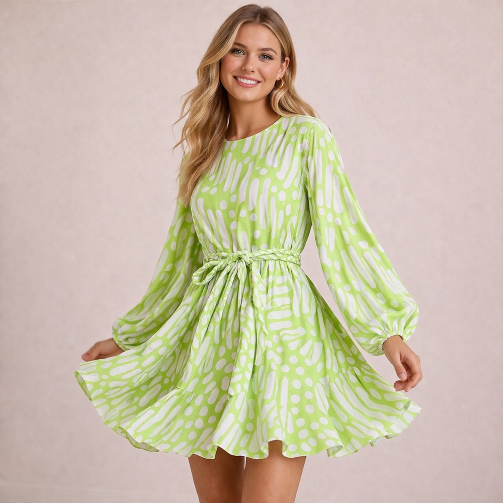 NWOT: Lime Green Printed Tie-Waist Mini Dress